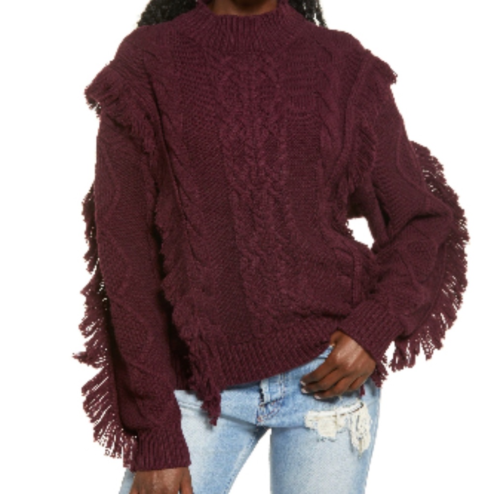 Leith - Cable Knit Fringe Sweater - Burgundy